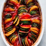 Finished briam out of oven in casserole dish.