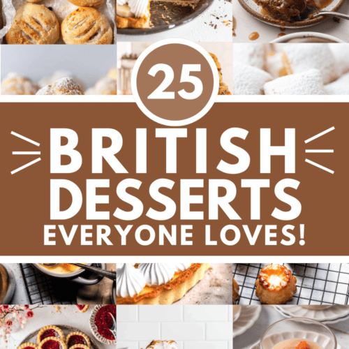 Collage of british desserts with text overlay.