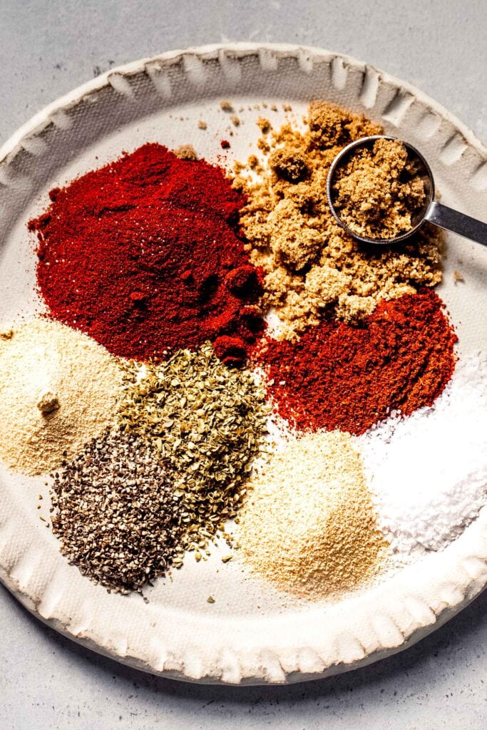 Dry rub ingredients on plate before mixing.