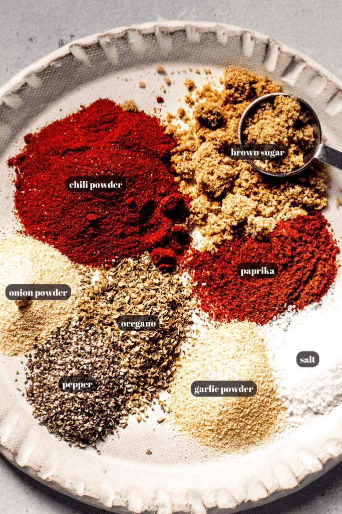 Dry rub ingredients labeled on plate.