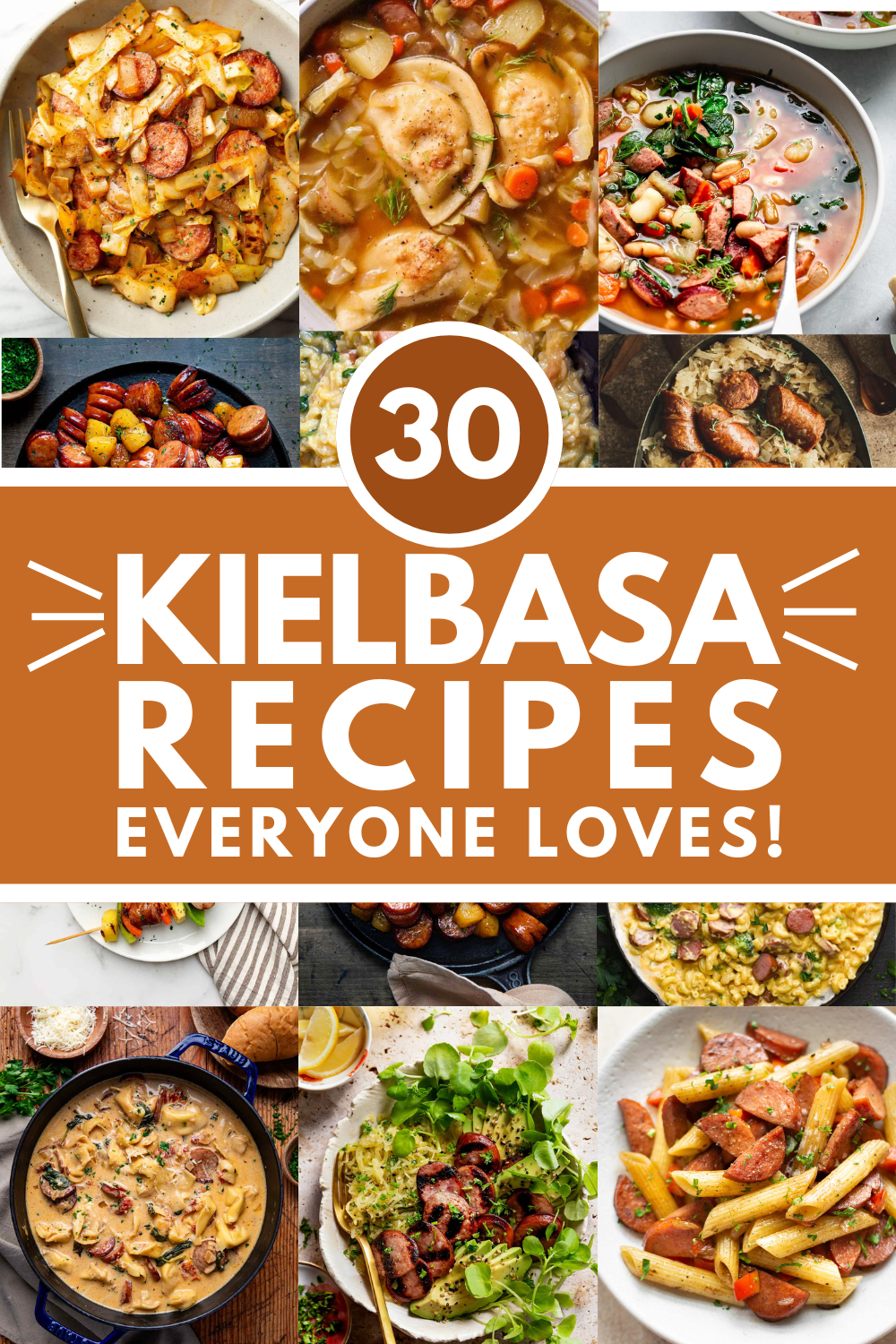 Collage of kielbasa recipes with text overlay.