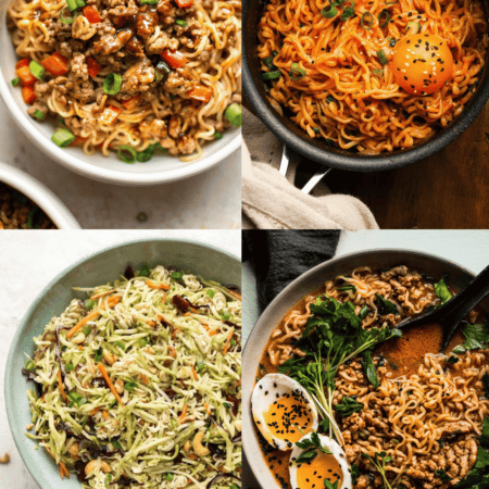 Collage of recipes that use ramen noodles.
