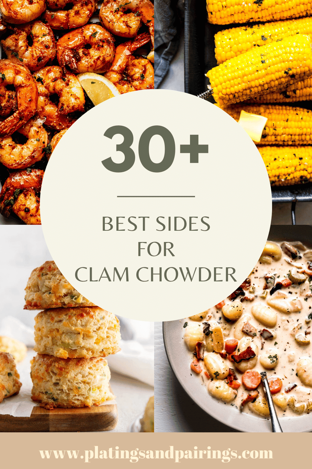 Collage of sides for clam chowder with text overlay.