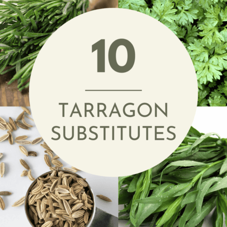 Collage of tarragon substitutes with text overlay.