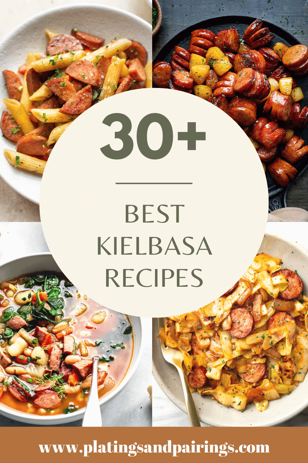 Collage of kielbasa recipes with text overlay.