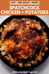 Spatchcock chicken over potatoes pinterest image.