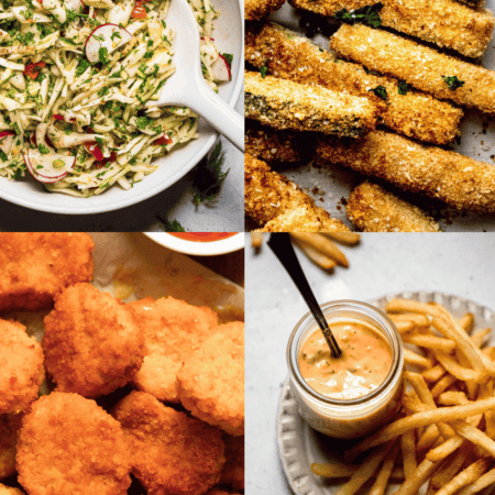 Collage of sides for chicken nuggets.