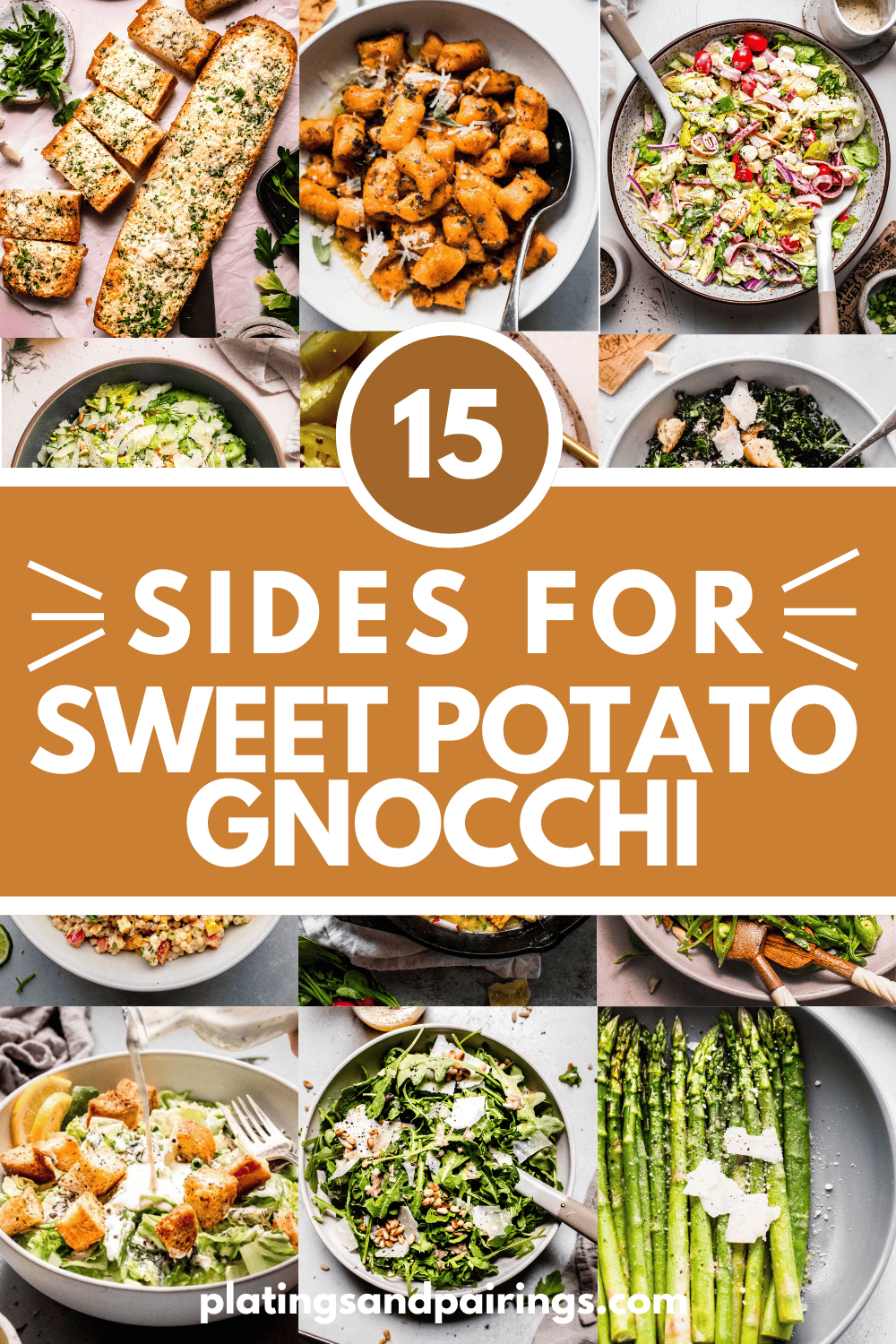 Collage of side dishes for sweet potato gnocchi with text overlay.