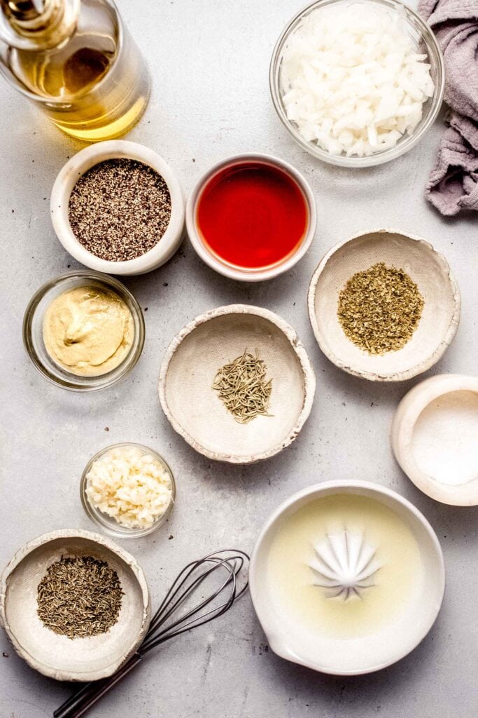 Lamb marinade ingredients on counter. 