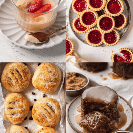 Collage of british desserts.