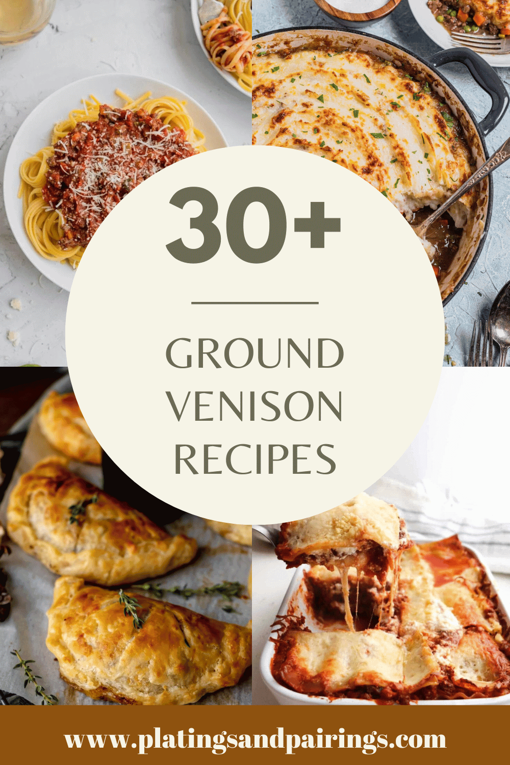COLLAGE OF GROUND VENISON RECIPES WITH TEXT OVERLAY.