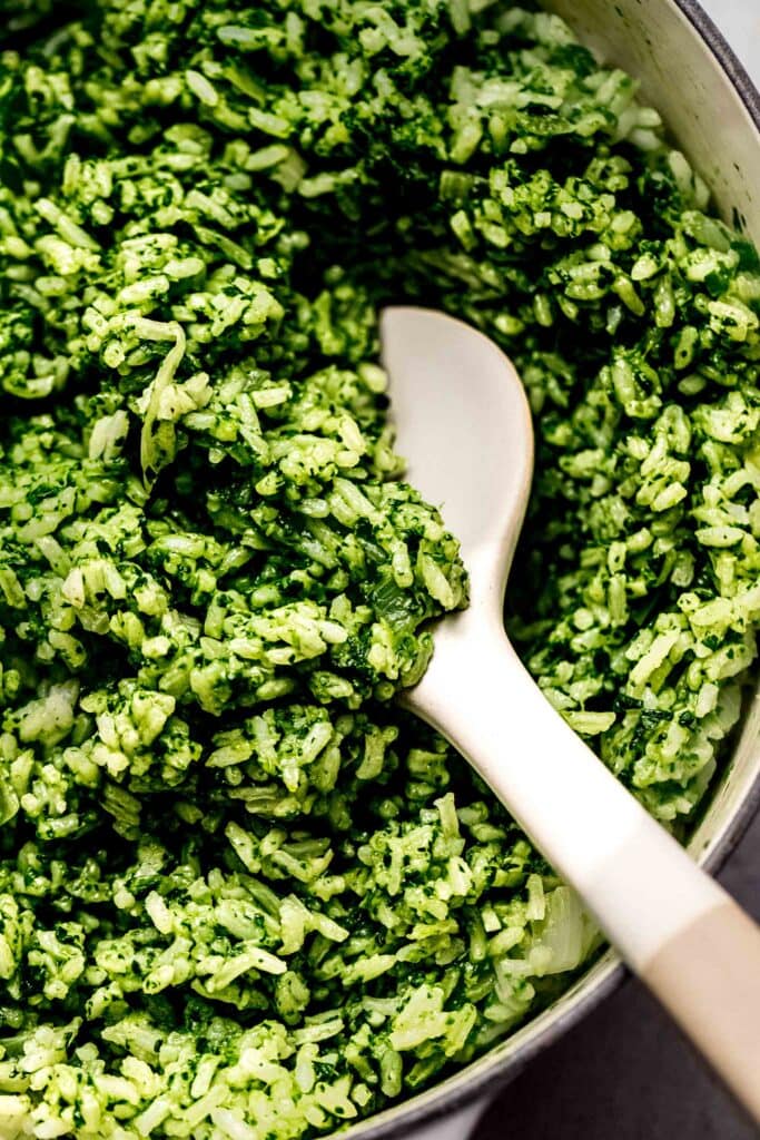 Green rice in serving bowl.