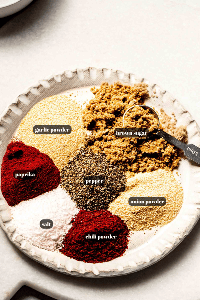 Ingredients for pork dry rub labeled on small plate. 