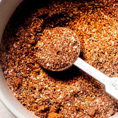 Close up of dry rub in bowl with teaspoon.