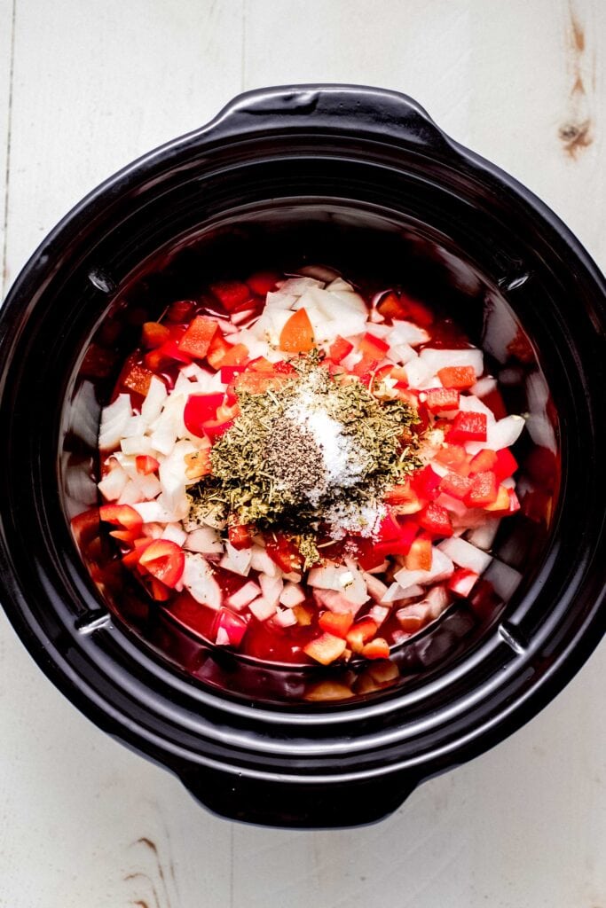 Ingredients in slow cooker before cooking.