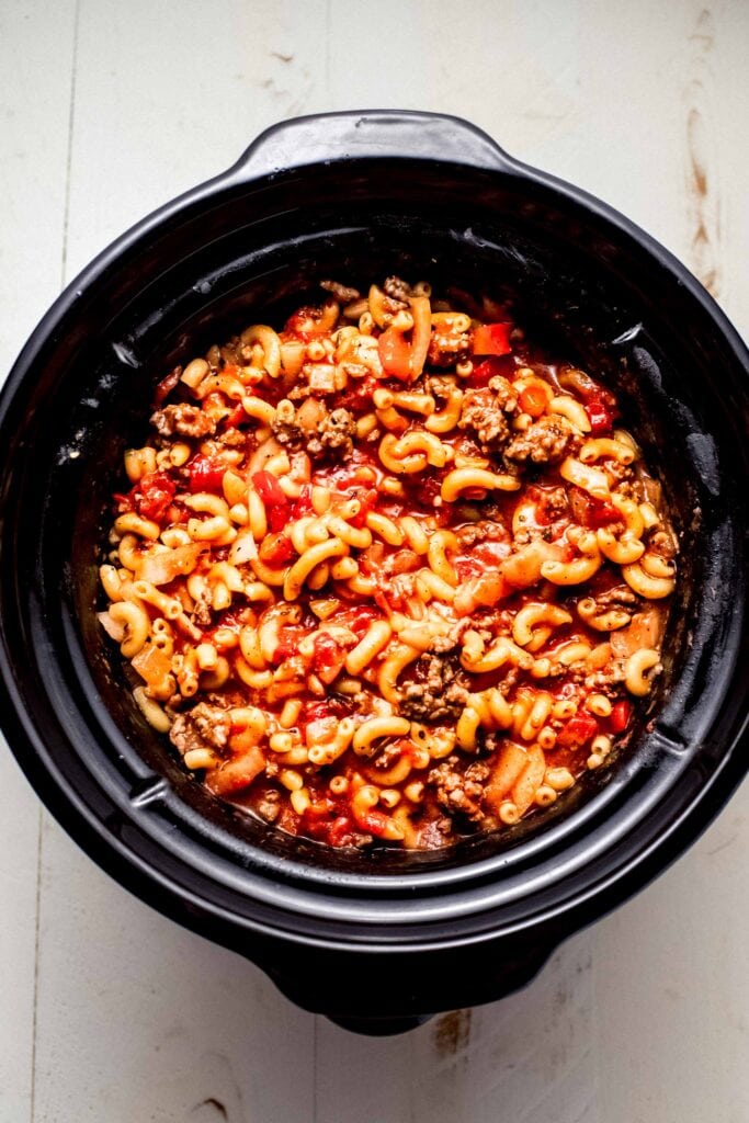 Finished goulash in slow cooker.