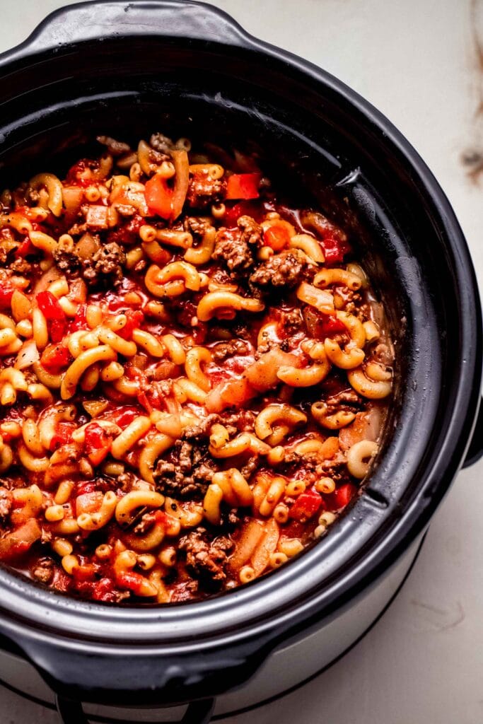 Finished goulash in slow cooker.