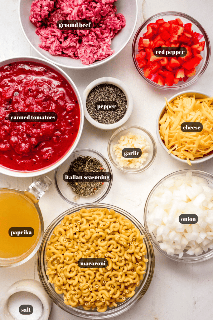 Ingredients for crockpot goulash labeled on counter. 