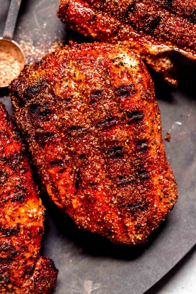 Overhead close up of traeger smoked pork chops.