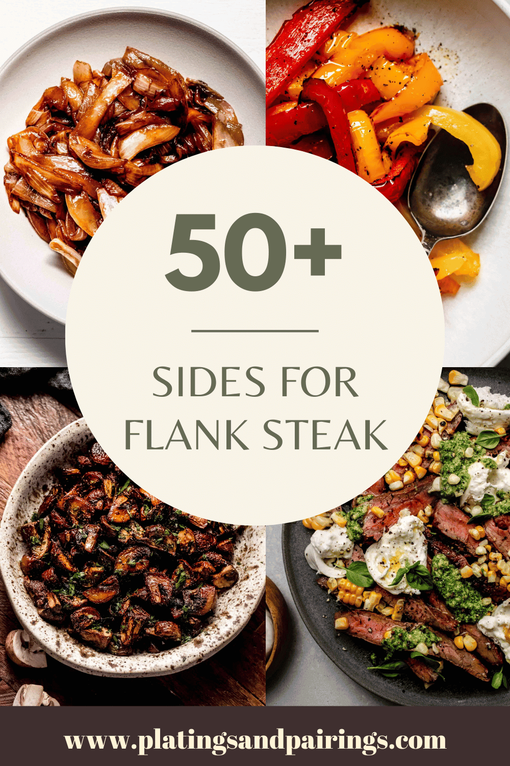 Collage of sides for flank steak with text overlay.