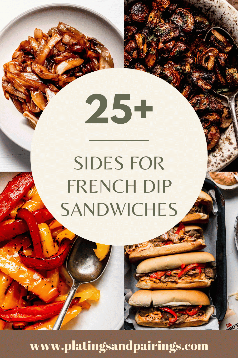 Collage of sides for french dip sandwiches with text overlay.