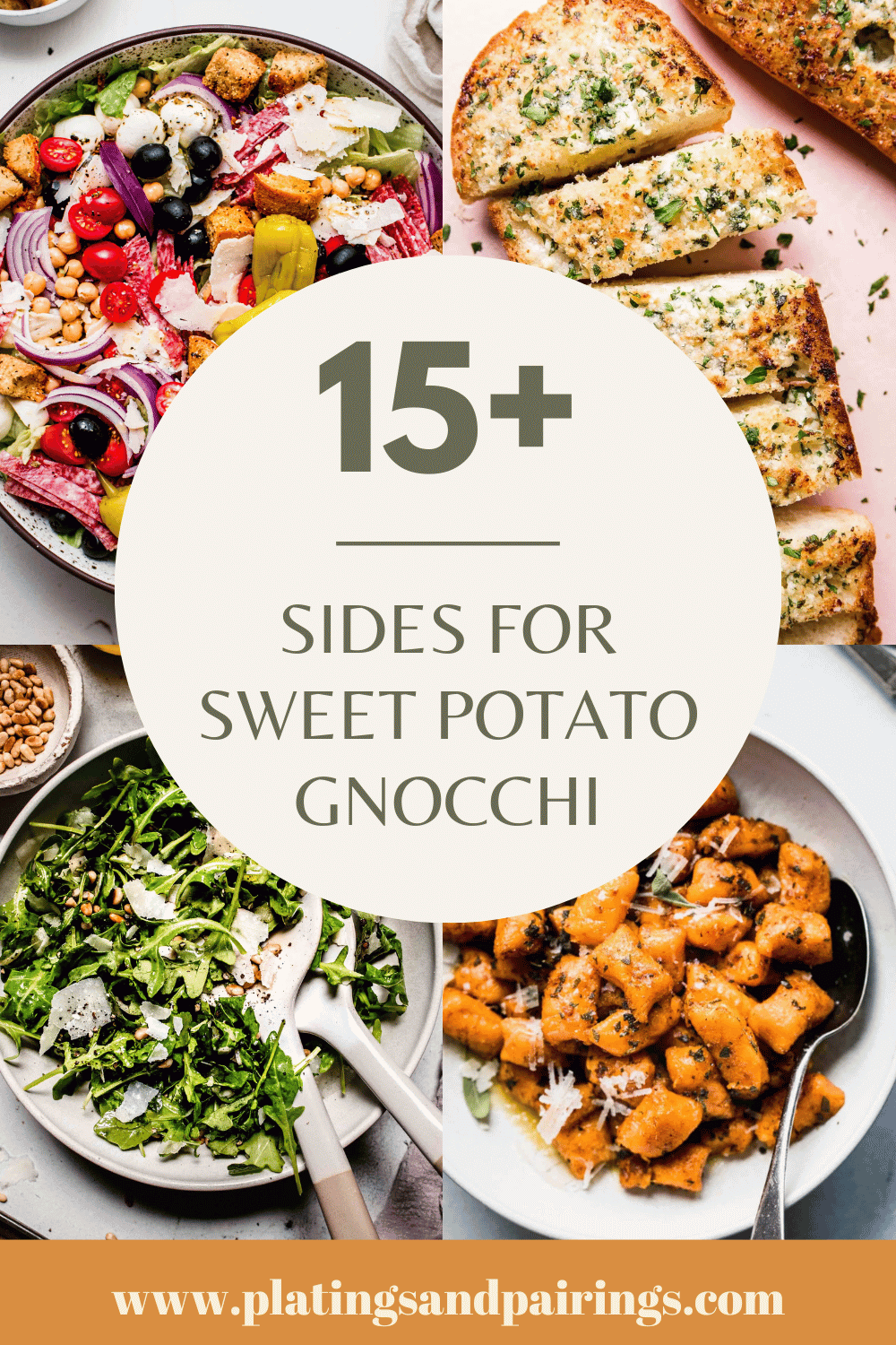 Collage of side dishes for sweet potato gnocchi with text overlay.