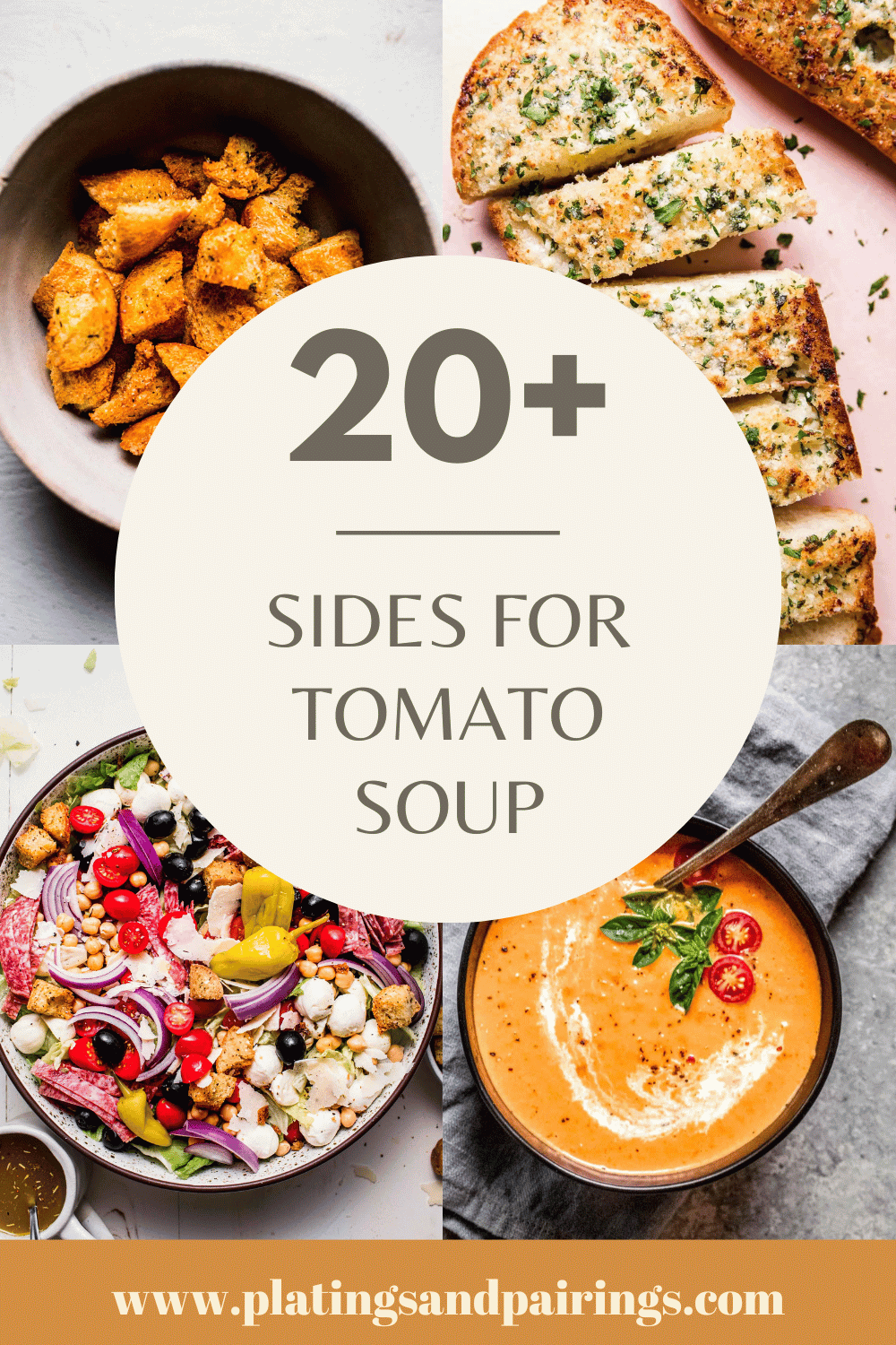 Collage of side dishes for tomato soup with text overlay.