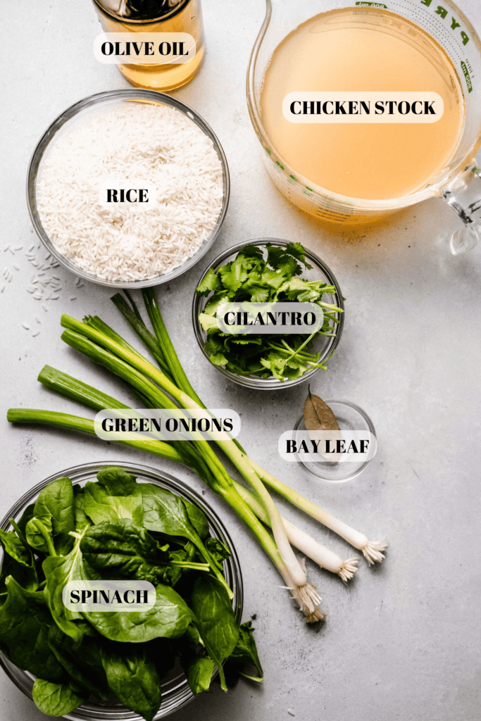 Ingredients for arroz verde labeled on counter.