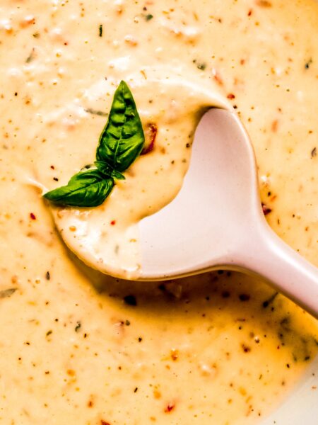 Close up of creamy sun dried tomato sauce on serving spoon.