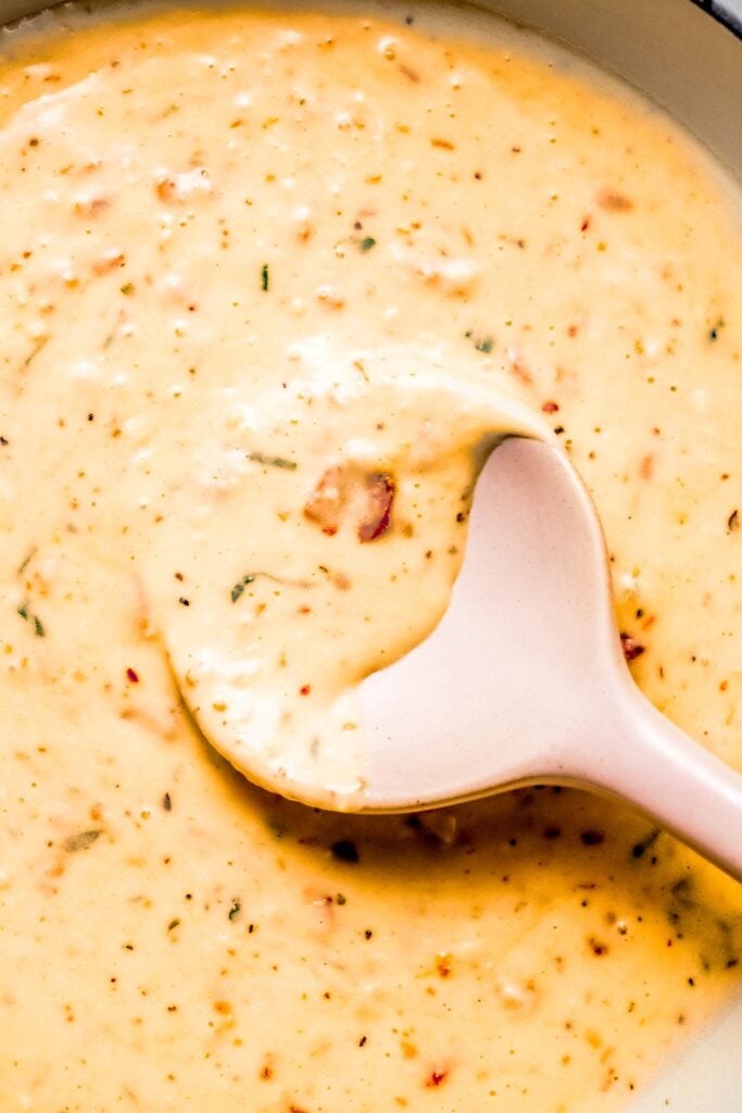 Close up of creamy sun dried tomato sauce on serving spoon.