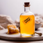 Side view of bottle of honey syrup with label next to honeycomb.