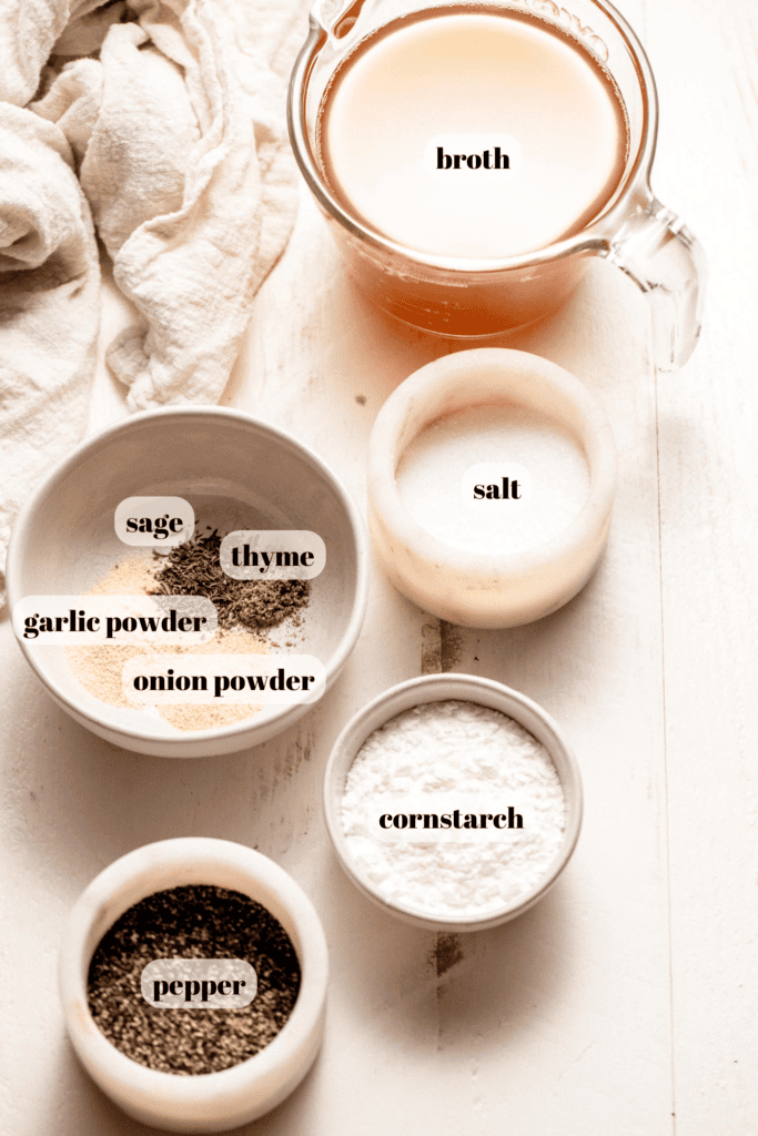 Ingredients for roast pork gravy labeled on counter. 