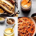 Collage of sauces for bratwurst.