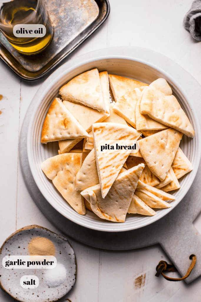 Ingredients for air fryer pita chips labeled on counter. 