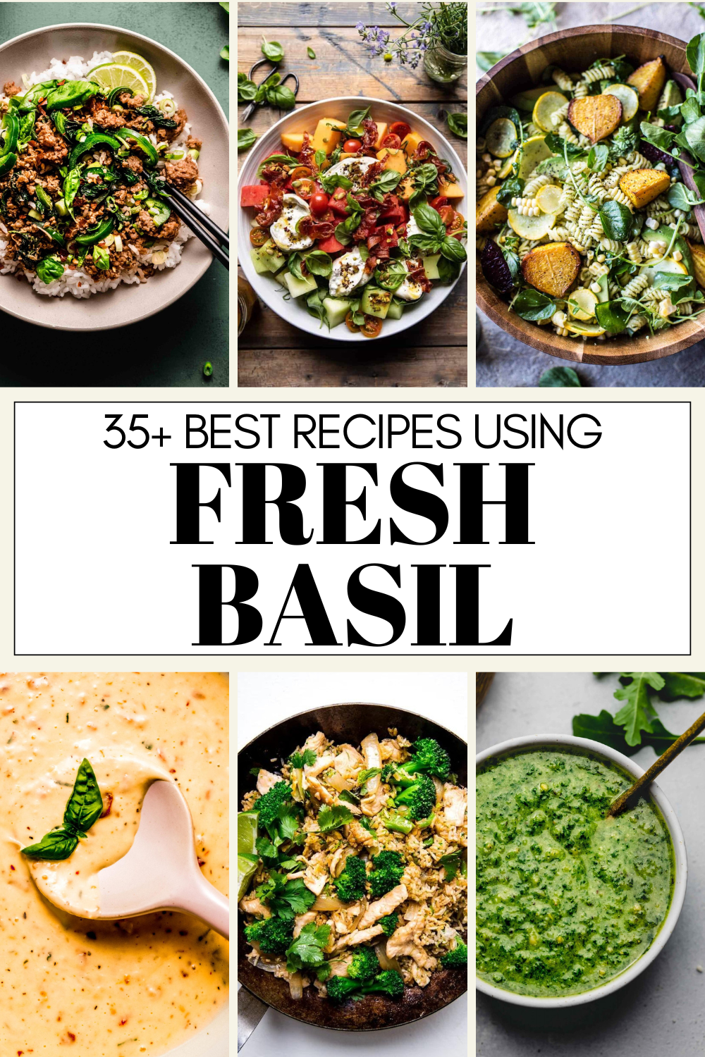 Collage of fresh basil recipes with text overlay.