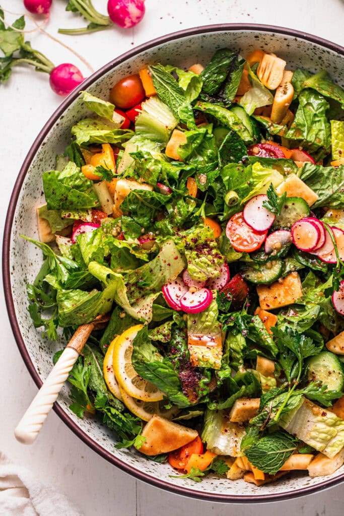 Overhead close up of tossed fattoush salad.