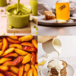 Collage of healthy pancake toppings.