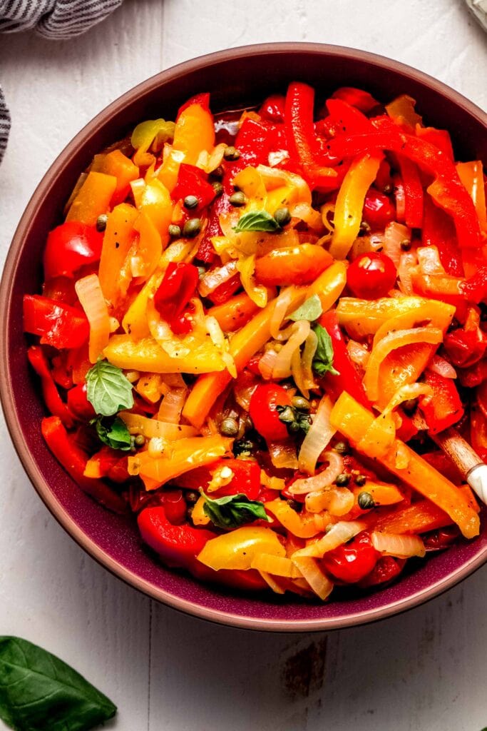 Overhead close up of pepperonata in serving bowl. 