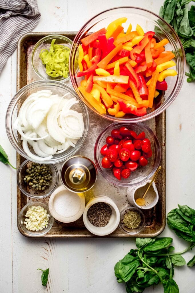 Pepperonata ingredients on tray. 