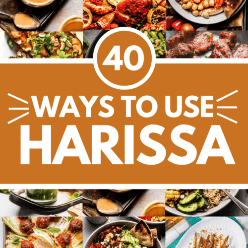 Collage of harissa recipes with text overlay.