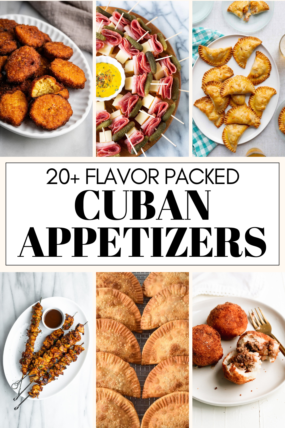 Collage of Cuban appetizers with text overlay.