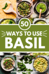 Collage of fresh basil recipes with text overlay.