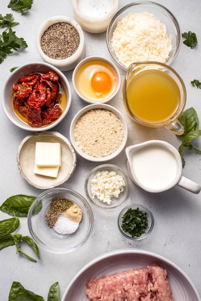 Ingredients for meatballs on counter. 