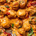Overhead close up of finished Marry me chicken meatballs.