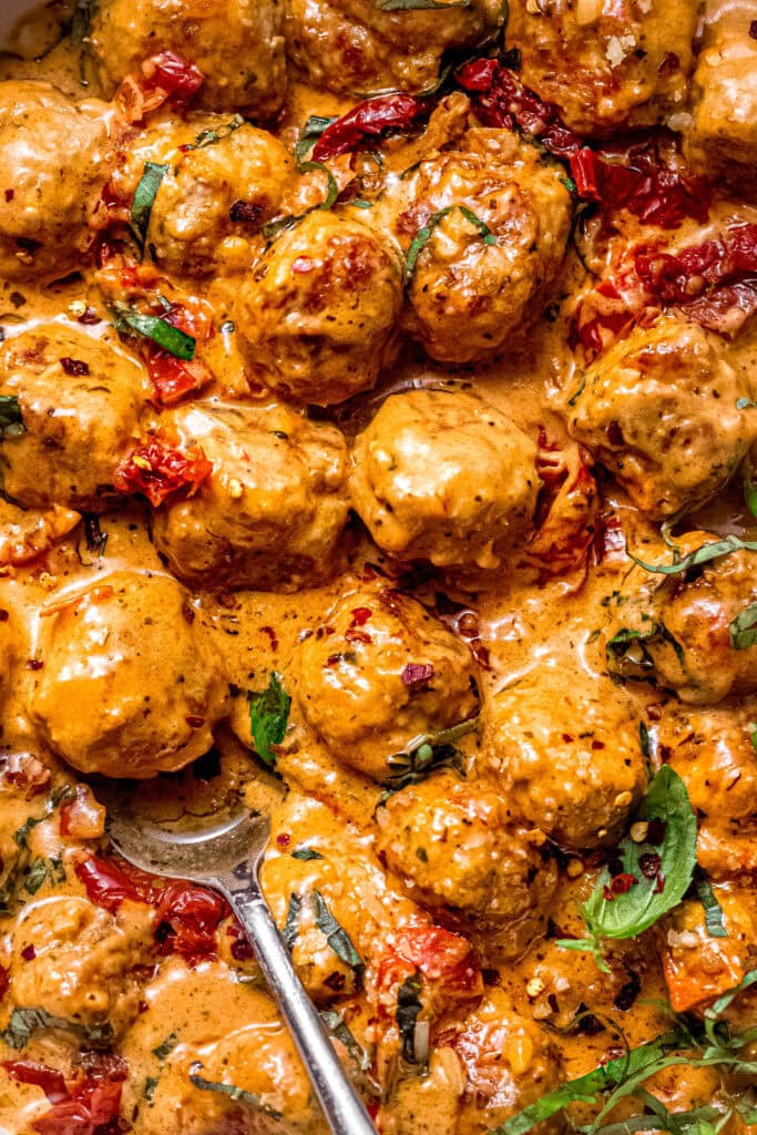 Overhead close up of finished Marry me chicken meatballs. 