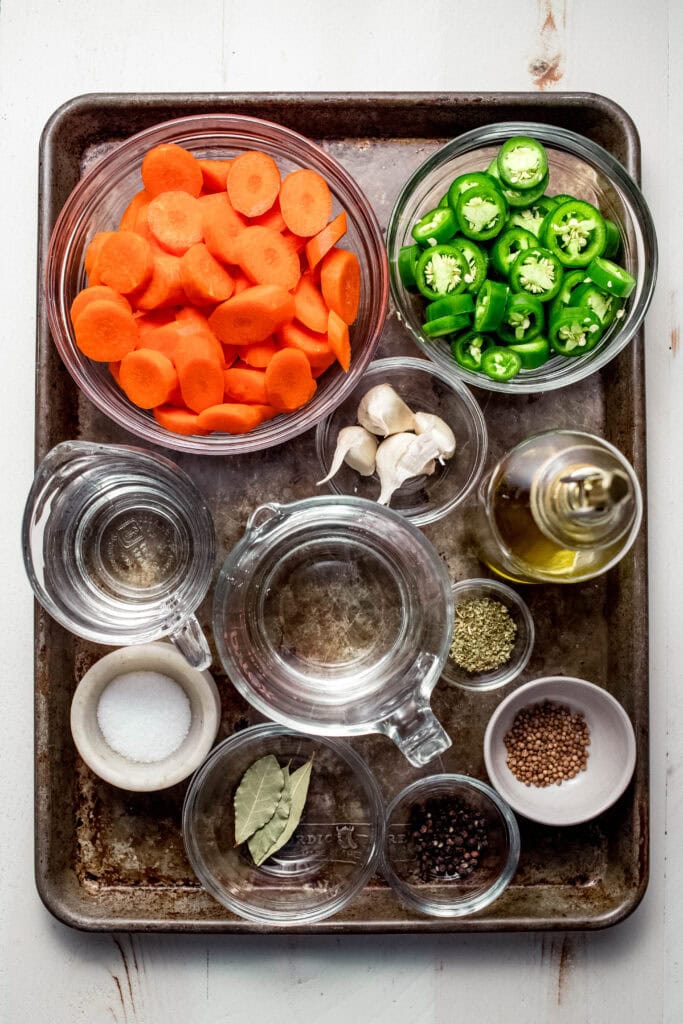 Ingredients for Mexcian pickled carrots on counter.