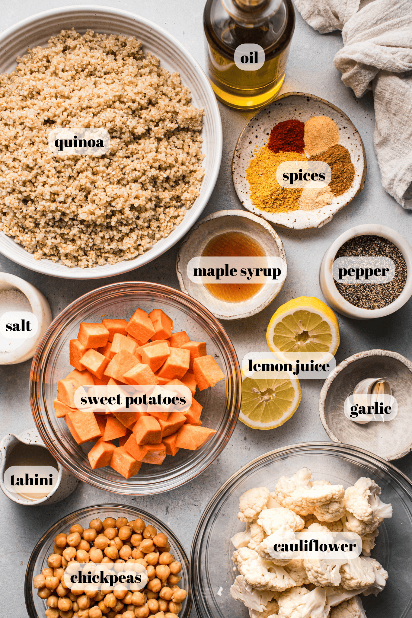 Ingredients for power bowls labeled on counter. 