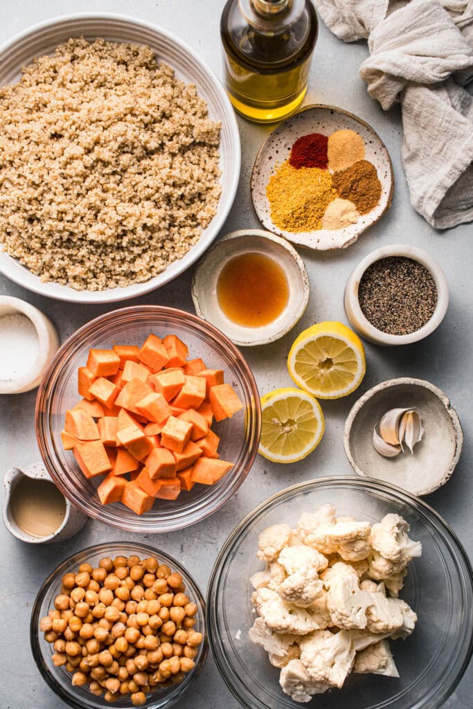 Ingredients for power bowls labeled on counter. 