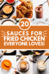 Collage of sauces for fried chicken with text overlay.