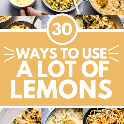 COLLAGE OF RECIPES THAT USE A LOT OF LEMONS WITH TEXT OVERLAY.